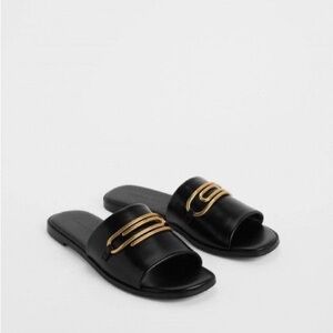 Black Slide Sandals with Gold Accents